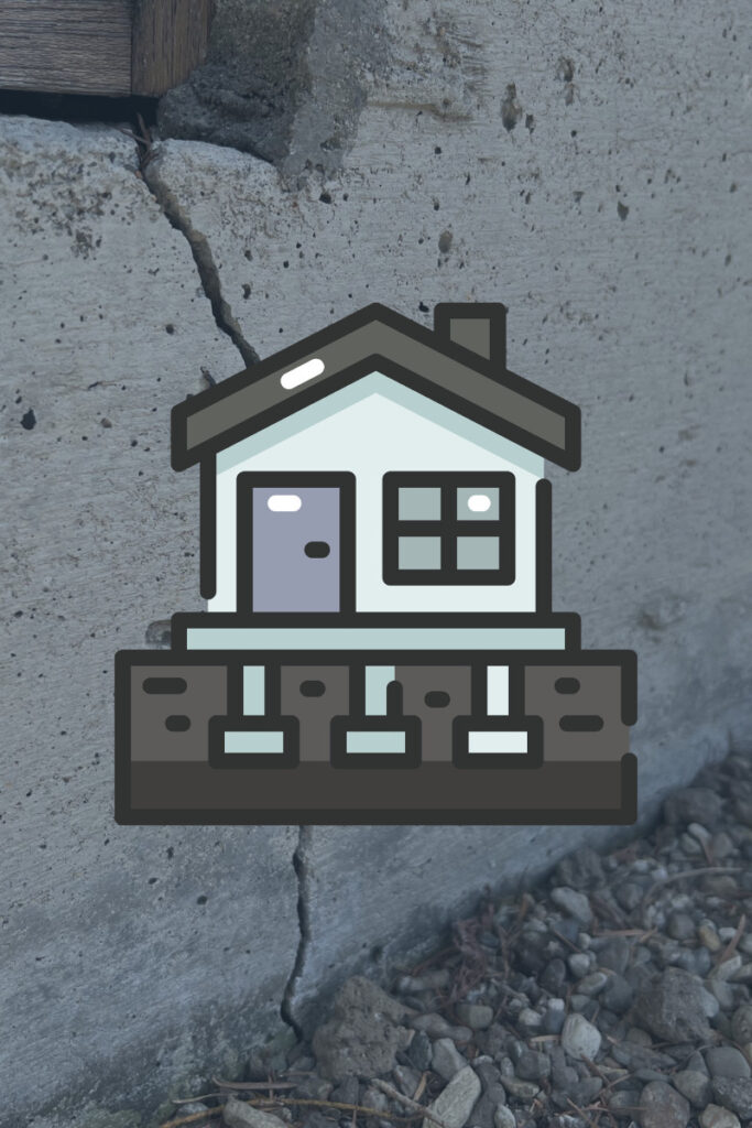 Een conceptuele afbeelding die de nadruk legt op de fundering van een huis, geplaatst tegen een achtergrond van gescheurd beton om structurele problemen te symboliseren.